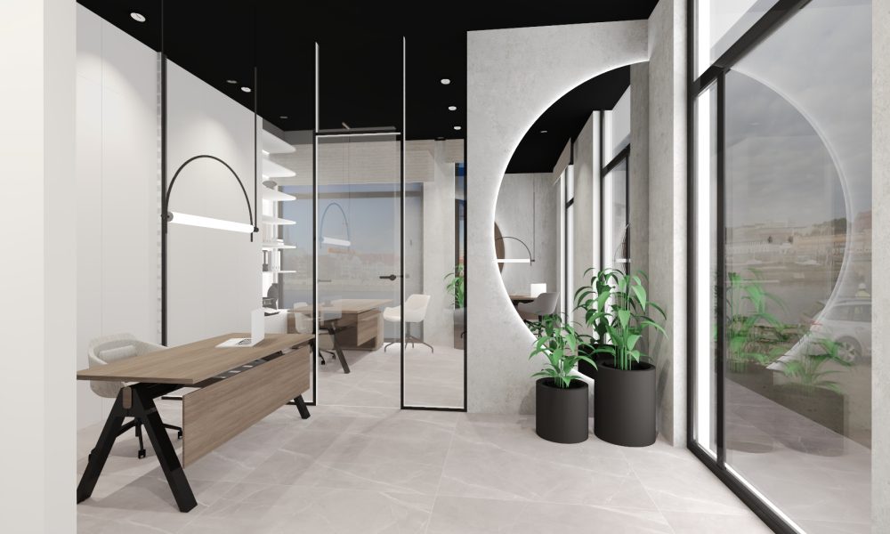 Wizualizacja wnętrza nowoczesnego biura sprzedaży apartamentów premium; przestrzeń z dużymi oknami, jasną podłogą, minimalistycznymi meblami z jasnego drewna, designerskimi lampami, przeszklonymi ściankami działowymi oraz dekoracyjnym, podświetlonym okręgiem na ścianie i zielonymi roślinami w czarnych donicach.